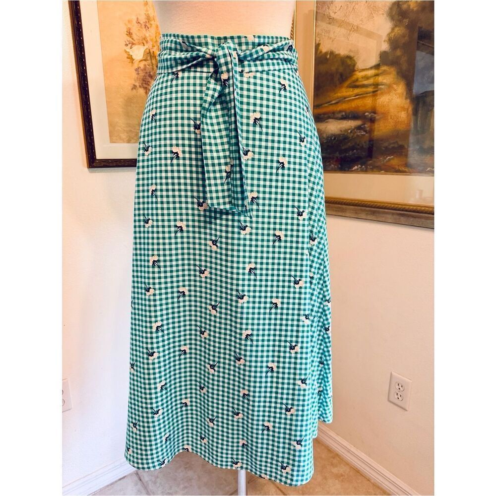 ANN TAYLOR Factory Green/White Checker Floral Tie-Waist Skirt Size 12